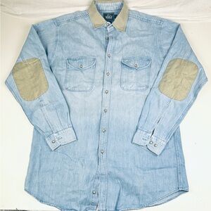 Vintage Woolrich Shirt Mens Large Tall Blue Light Wash Denim Work Made in USA